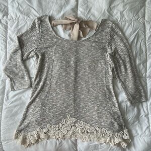 Moa Moa 3/4 sleeve tie back sweater with crochet detail